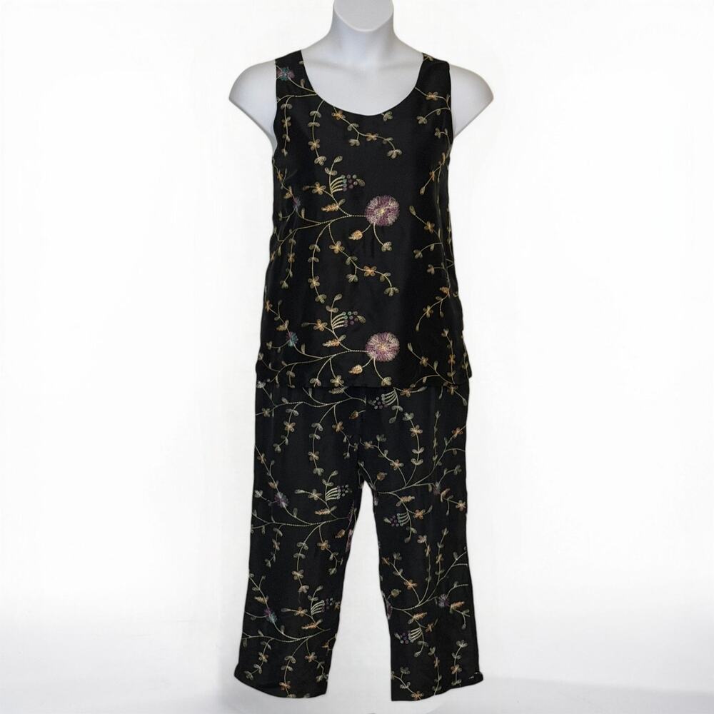 Vintage Y2K Silkland Silk Embroidered Set Black Floral Tank Capri Pants Sz L 12
